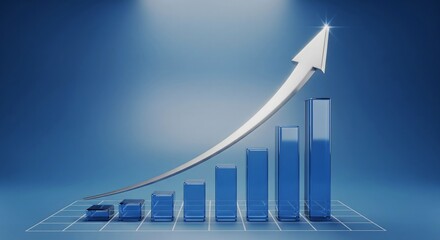 3D Professional Business Graph Chart with Upward Arrow &ndash; Symbol of Financial Growth, Success and Progress