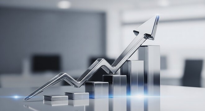 3D Professional Business Graph Chart with Upward Arrow &ndash; Symbol of Financial Growth, Success and Progress