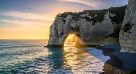 Stunning Sunset Through Natural Arch in Etretat, Normandy, France.