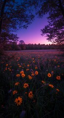 Vibrant Sunset Over a Field of Wildflowers with Silhouetted Trees.
