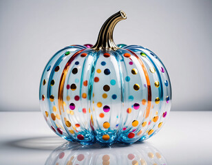 Elegant Decorative Glass Pumpkins with Colorful Metallic Dots on White Background &mdash; Luxury Minimal Autumn Decoration with Realistic Reflection and Golden Stems.