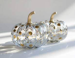 Elegant Decorative Glass Pumpkins with Colorful Metallic Dots on White Background &mdash; Luxury Minimal Autumn Decoration with Realistic Reflection and Golden Stems.