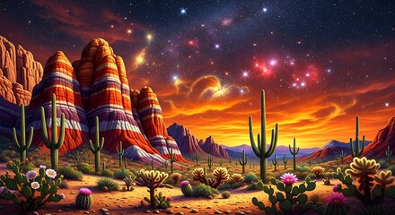 Vibrant Desert Sunset with Cacti and Starry Sky.