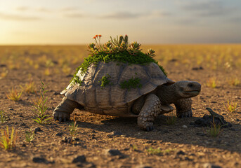 A large tortoise, adorned with vegetation, traverses a dry, expansive landscape under a warm sunset.