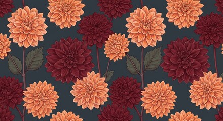 Seamless Floral Pattern of Dahlia Flowers in Orange and Burgundy Hues on a Dark Teal Background.