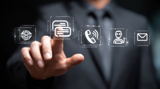 Corporate Worker Interacting With Virtual Communication Icons Highlighting Global Digital Service