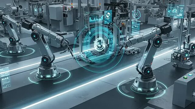 Automated Robotic Arms Working on a Smart Assembly Line in a Modern Factory.
