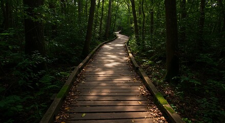 Wooden pathway through a lush green forest with sunlight filtering through the trees.