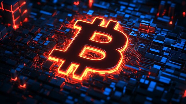 Glowing bitcoin symbol integrated into complex computer circuit board digital cryptocurrency and blockchain technology - Powered by Adobe