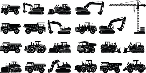 Silhouette construction vehicles heavy machinery set, excavators bulldozers dump trucks tractors crane equipment for industrial building work transportation illustration