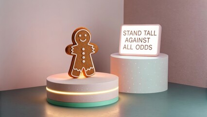 Gingerbread cookie standing on a glowing platform with inspirational words