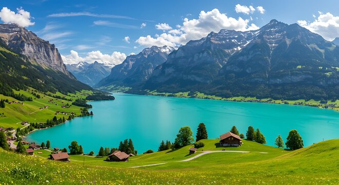 Stunning turquoise lake surrounded by lush green meadows and majestic snow-capped mountains under a clear blue sky.