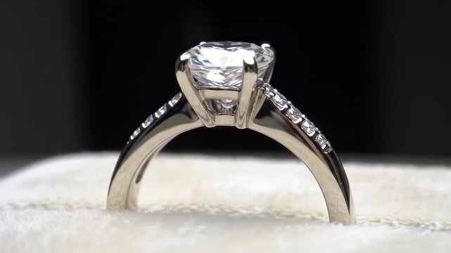 Close-up shot of a silver ring with large diamond and smaller side diamonds on a white fluffy surface