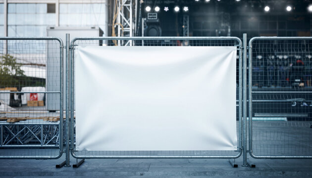 Blank White Banner on Temporary Fence at Outdoor Event Setup