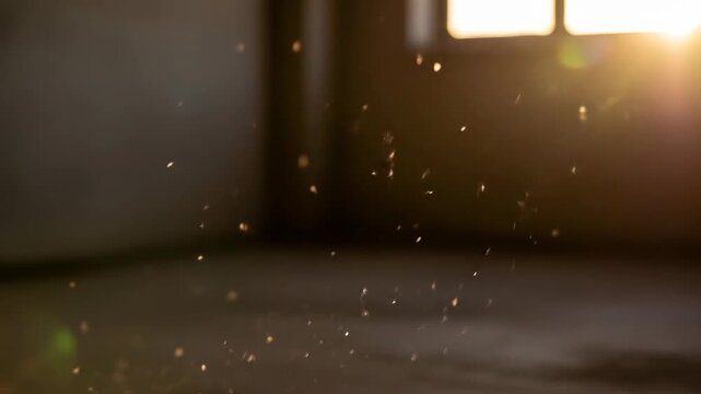 Dust particles suspended in the air, backlit by sun rays from window, indoors