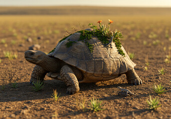 A large tortoise walks across arid land, carrying vegetation on its shell, under sunlight.
