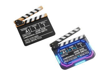 Classic and modern clapperboard set 3D isolated on transparent background