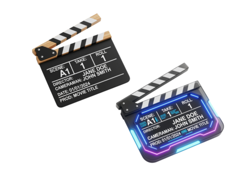 Classic and modern clapperboard set 3D isolated on transparent background