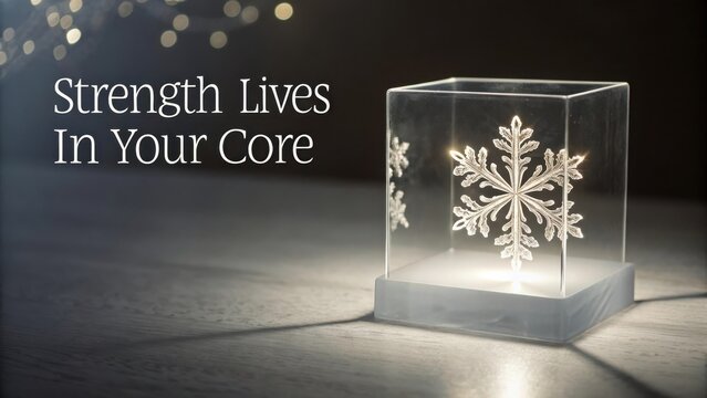 Glowing silver snowflake inside clear acrylic cube display