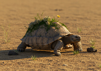 A large tortoise with vegetation on its shell walks across a dry, arid landscape.