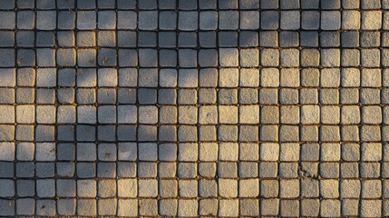 High-Angle View of Textured Stone Pavers with Shadows Creating Patterns on the Surface in Warm Evening Light