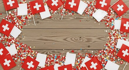 Swiss flags and confetti on wooden background, festive decoration.