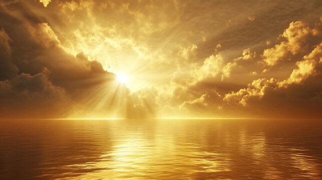 Golden sunset over tranquil ocean water reflecting sunlight through cumulus clouds radiating warmth and serenity creating a beautiful seascape - Powered by Adobe
