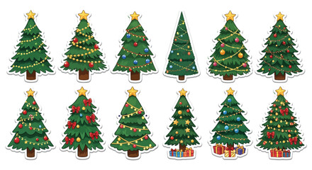 Fototapeta premium Collection of twelve decorated Christmas trees with lights, ornaments, stars, and presents, isolated on a white background.
