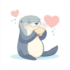 Cute otter holding a seashell, surrounded by hearts