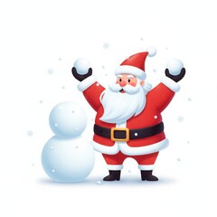Santa claus is standing next to a snowman with his arms raised isolated on white background