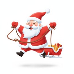Joyful santa claus happily running with a sleigh full of gifts isolated on white background