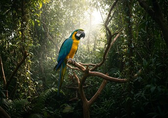 Vibrant Blue and Gold Macaw Perched on a Branch in a Lush Tropical Rainforest.
