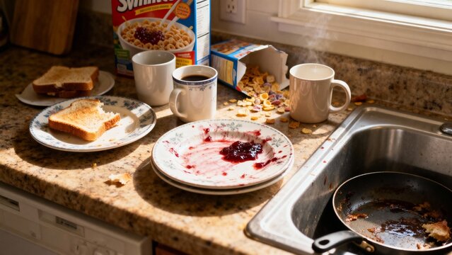 A messy family kitchen after breakfast. An authentic scene from life dirty dishes, coffee mugs in the warm morning light.