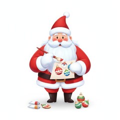 Santa claus is painting christmas ornaments on paper isolated on white background