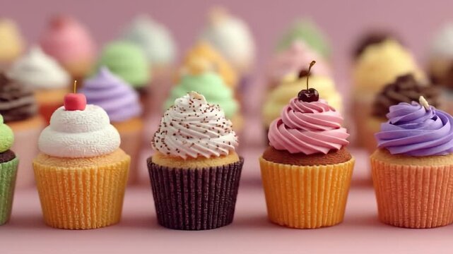 Colorful cupcakes displayed on pink backdrop dessert sweet treat closeup