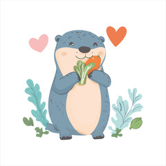 Cute cartoon otter holding a carrot and leafy greens