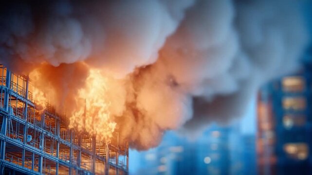 Inferno's Embrace: A building is engulfed in flames, thick clouds of smoke billow into the sky, creating a dramatic scene of destruction and the cityscapes in the background.