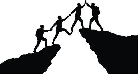 Teamwork hiking silhouette, helping across chasm, mountain terrain, black figures, outdoor adventure, mutual support, cooperation concept, white background, unity scene