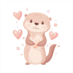 Cute otter holding a heart-shaped shell, surrounded by hearts