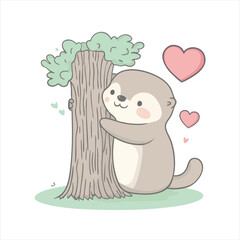 Cute otter hugging a tree, surrounded by hearts