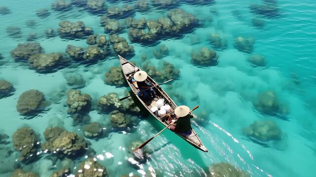 Two people paddling boat over coral reef in clear tropical water