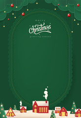 Vertical green Merry Christmas and Happy New Year greeting card banner in paper art style with snowy winter landscape, red village, forest scene, and copy space for holiday celebration background