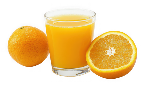 Fresh orange juice in glass with orange fruit isolated on transparent background