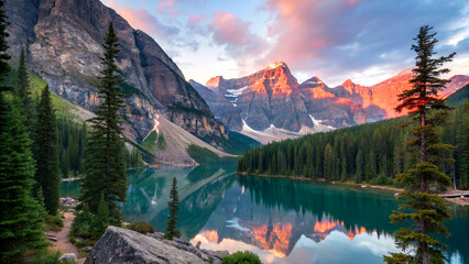 Serene mountain lake with pine forest and vivid sunset reflections