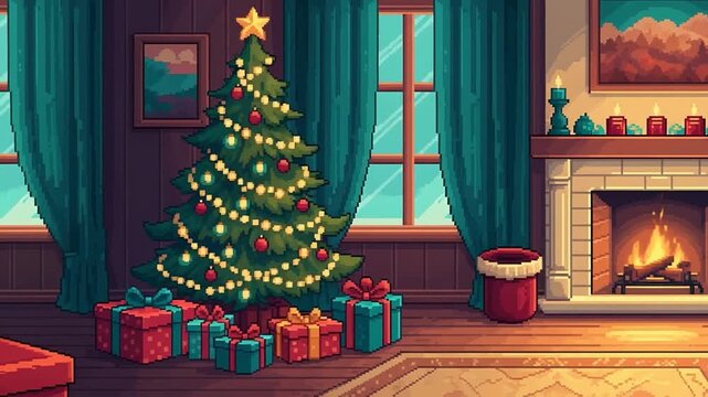 Cozy Christmas Eve fireplace and glowing tree with presents pixel art animation background.