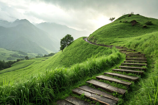 Serene lush green hill with winding wooden steps and misty mountains - Powered by Adobe