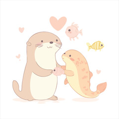 Cute otter and fish holding hands