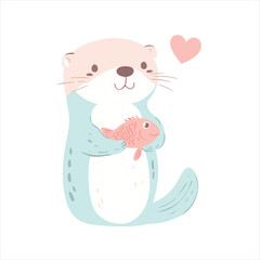Cute otter holding a fish, pastel colors