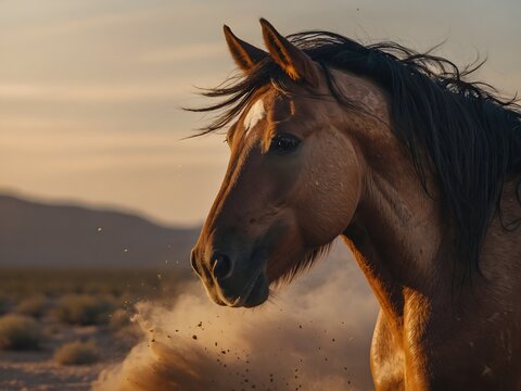 An ultra-realistic cinematic 8K close-up of a wild horse running freely, dust and sunlight highlighting its strength and grace. Ideal for editorial, wildlife, and equestrian stock images.
