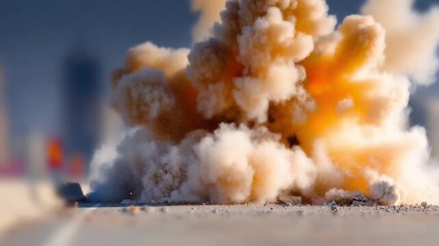Blasting Event: Capturing the sheer force and volatile dynamics of an intense explosion, with billowing clouds of smoke engulfing the atmosphere.